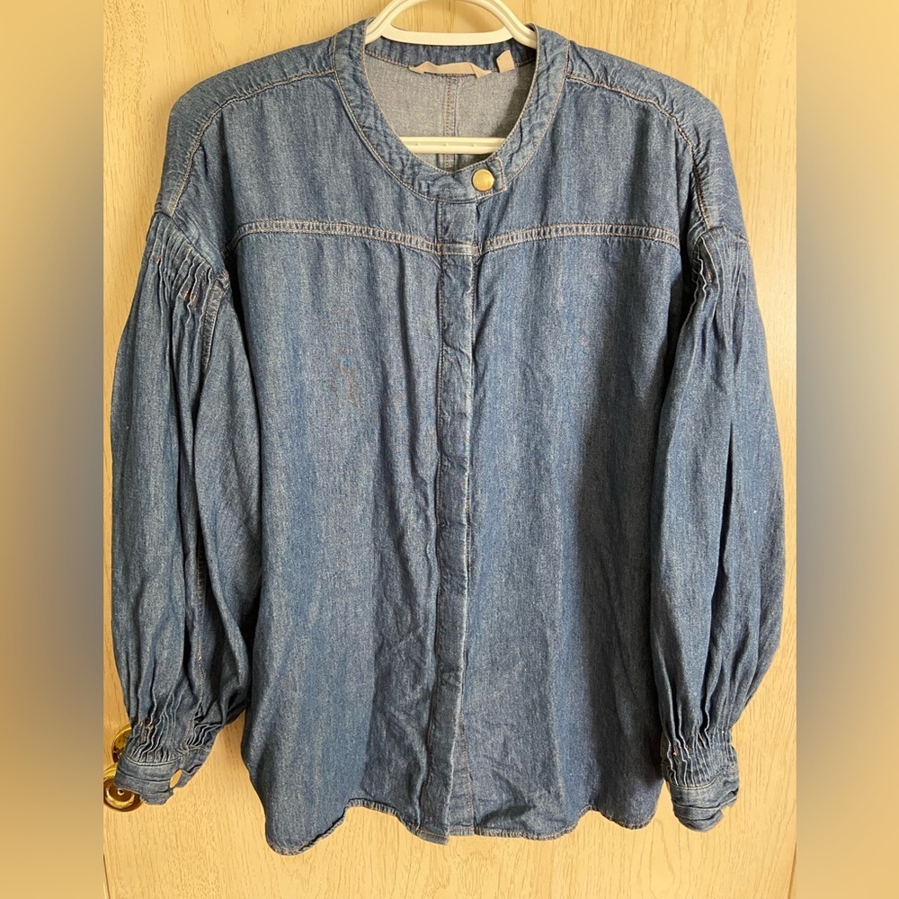 Soft Surroundings Grotto Shirt Jacket Large Pintuck Sleeve Snap Button Denim